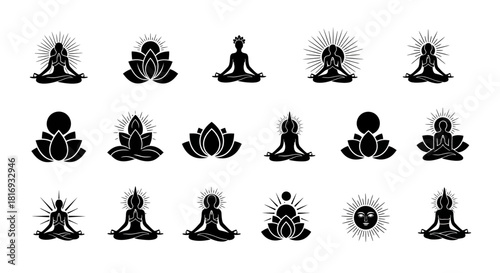 Meditative black silhouettes yoga poses and lotus flower emblems for spirituality