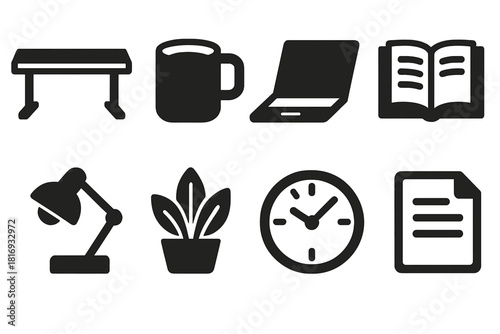 Brutalist Coworking Icons. Modern Coworking Collection silhouette icon set: open desk, coffee mug, laptop, book, lamp, plant, clock, paper