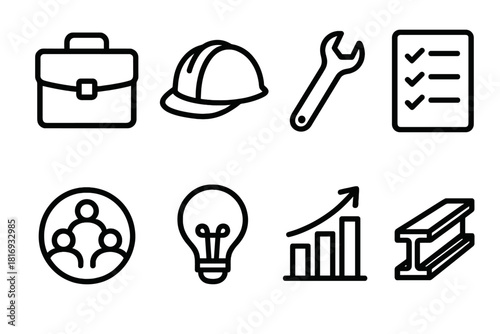 Labor Day Icons. Labor Day workforce value items linear icon set: briefcase, hard hat, wrench, task list, teamwork circle, idea bulb, profit bar, structural beam