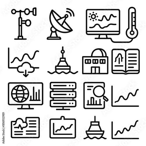 Climate Research Icons. Climate Data & Research Tools linear icon set: weather station, satellite dish, data dashboard, thermometer probe, climate model graph, ocean buoy, research