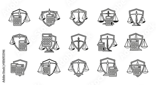 Financial Law Logos collection featuring scales of justice with calculators emblems
