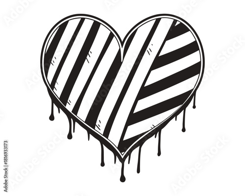 A black and white illustration of a heart with diagonal stripes and dripping effects, suggesting a broken or melting heart