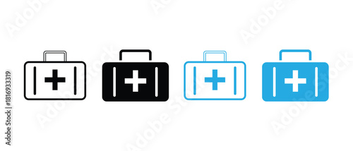 First aid kit icon set in multiple styles and colors, medical emergency symbol, healthcare equipment design - stock vector.