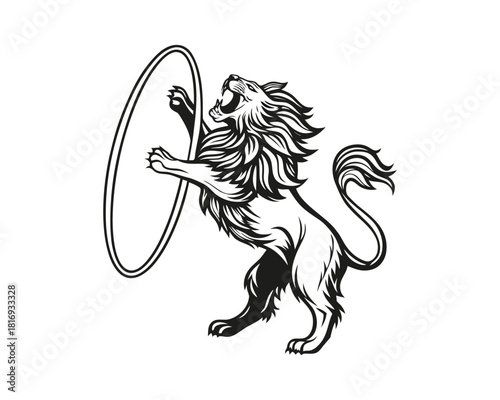 A stylized black and white illustration of a lion standing on its hind legs, holding an empty oval shield. The lion has a flowing mane and tail