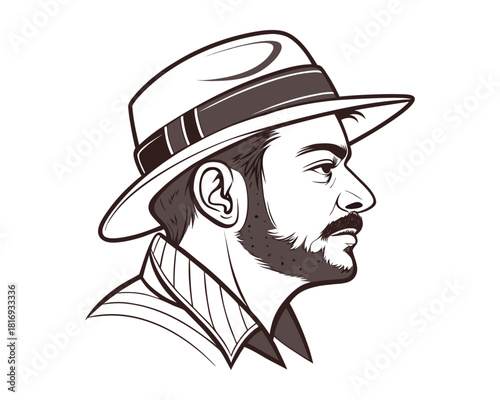 A black and white sketch of a man's profile wearing a fedora hat and collared shirt. He has a beard and mustache