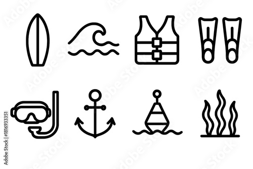 Ocean Adventure Icons. Ocean sport concept linear icon set: surfboard, wave line, life jacket, fins, snorkeling mask, anchor, buoy, seaweed