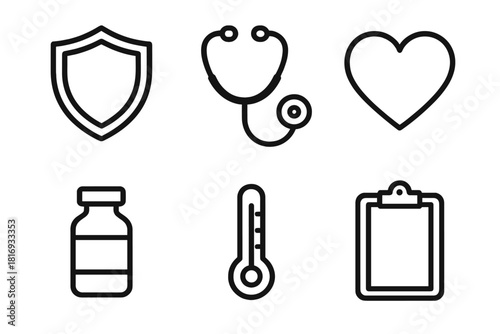 Medical Icons Collection. Health Protection linear icon set: shield, stethoscope, heart, vaccine vial, thermometer, clipboard
