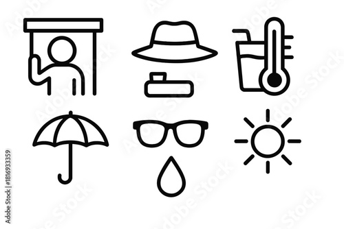 Heat Protection Icons. Outdoor heat care concept linear icon set: person under shade, hat, drink, thermometer, umbrella, sunglasses, water droplet, sun