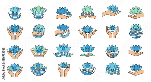 Collection of minimalist lotus flower and hands vector logo designs showcasing care and wellbeing