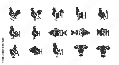 Collection of black and white animal silhouettes with textual interweaving for logos