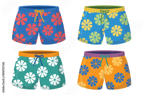 Four pairs of colorful floral patterned swim shorts for summer vacation