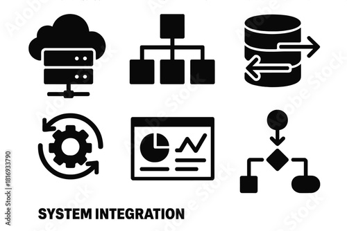 Brutalist Tech Icons. System Integration silhouette icon set. cloud server, connected apps, database link, synchronization gear, dashboard interface, process flow.