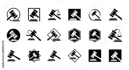 Diverse collection of gavel icon illustrations representing legal concepts and justice symbol