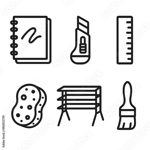 Art Tools Icons. Creative Process linear icon set: sketchbook, blade, ruler, sponge, drying rack, brush