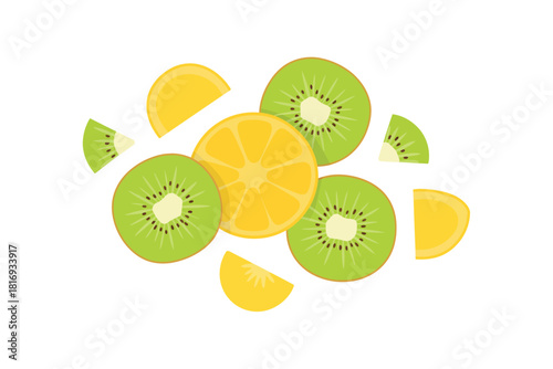 Fresh sliced kiwi and orange fruits isolated on white background