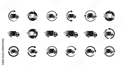 Diverse set of transport icons portraying express delivery services and swift distribution networks