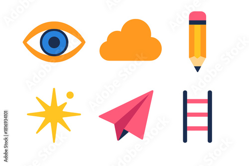 Visionary Icons. Creative Vision flat icon set: eye, cloud, pencil, spark, paper plane, ladder