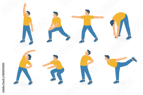Isometric Stretching Icons. Full Body Stretch flat icons set. arm reach, leg lunge, torso twist, toe touch, side bend, squat, back arch, balance pose