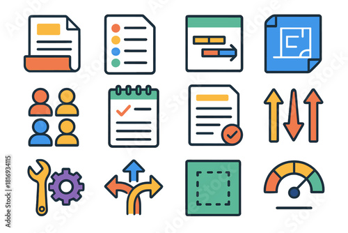 Project Icons Array. Project Preparation flat icon set: project brief, resource list, timeline draft, blueprint corner, team roles grid, kickoff notes, requirement sheet, priority
