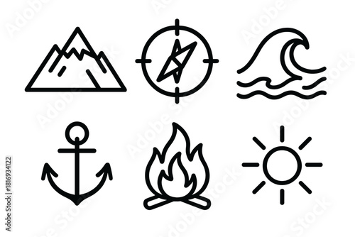 Icons of Resilience. Resilient Spirit linear icon set: mountain, compass, wave, anchor, fire, glow