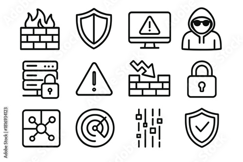 Cybersecurity Icon Set. Network Defense linear icon set. firewall wall, shield icon, alert monitor, hacker silhouette, secure server, warning triangle, intrusion barrier, lock
