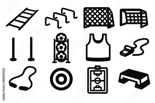 Soccer Training Icons. Soccer Training Icons silhouette icon set: agility ladder, hurdles, rebound net, mini goal, passing gate, ball rack, training bib, chalk line, resistance