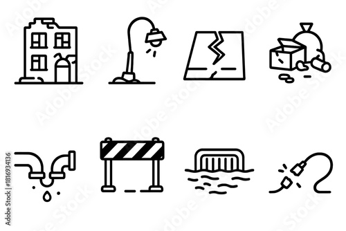 Urban Decay Icons. Urban neglect concept linear icon set: abandoned building, broken streetlight, cracked road, trash pile, leaking pipe, rusted barrier, flooded drain, broken