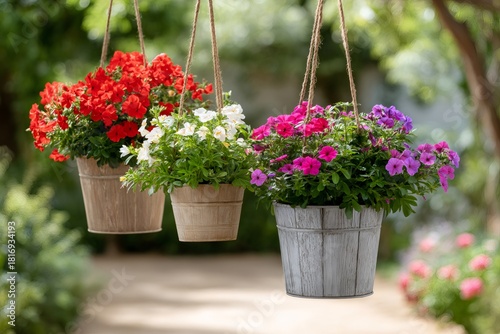 Hanging baskets with colorful petunia flowers blooming in garden