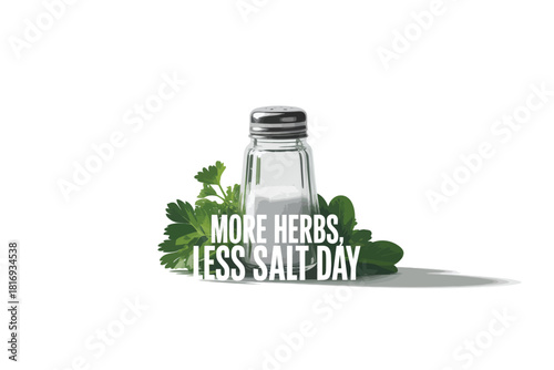 Salt shaker surrounded by fresh herbs promoting more herbs less salt day