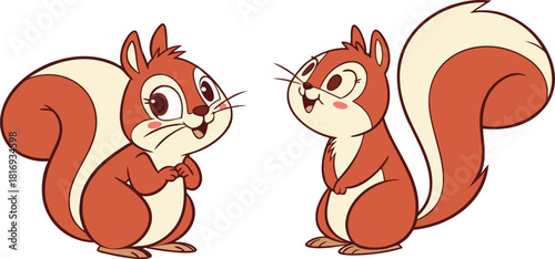 Two cute cartoon squirrels vector illustration looking at each other with happy expressions on a clean background