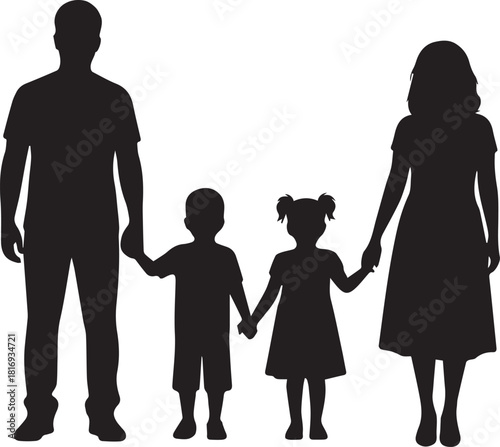Silhouette of a happy family holding hands on a white background