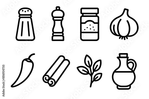 Spice Icon Collection. Spices and Seasonings Collection linear icon set: salt shaker, pepper mill, paprika jar, garlic clove, chili, cinnamon stick, herbs, oil bottle