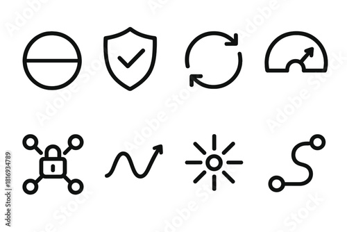 Digital Resilience Icons. Resilient digital operations symbols linear icon set: stability circle, protection shield, redundancy loop, performance arc, secure node cluster