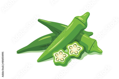 Fresh green okra pods and slices isolated on white background
