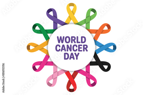 World cancer day colorful awareness ribbons arranged in a circle