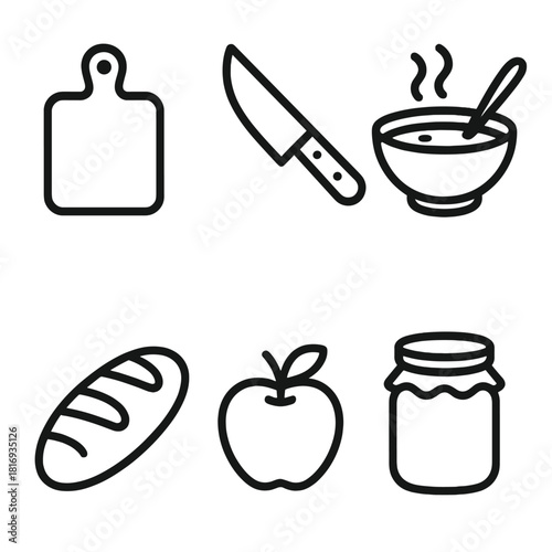 Seasonal Kitchen Icons. Seasonal Menu linear icon set. cutting board, knife, soup bowl, bread loaf, apple, jar