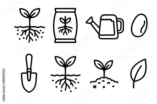 Botanical Gardening Icons. Root and soil concept linear icon set: plant root, soil layer, fertilizer bag, watering can, seed, shovel, sprout, leaf , clean botanical lines with