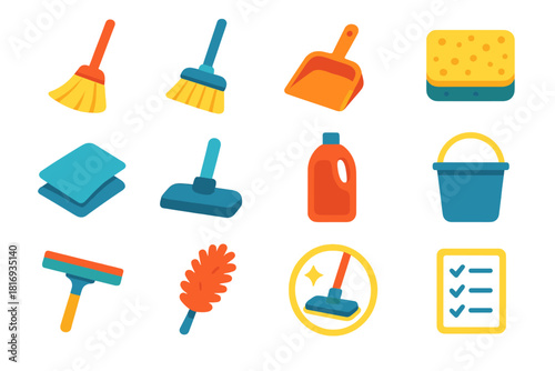Cleaning Icons Collection. Domestic Upkeep Symbols flat icon set: broom, mop, dustpan, sponge, microfiber cloth, vacuum head, detergent bottle, bucket, window squeegee, duster wand