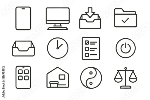 Minimalist Digital Icons. Digital Minimalism linear icon set. simplified phone, clean desktop, declutter box, folder with checkmark, empty inbox, clock, to-do list, neutral palette