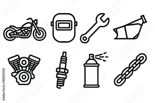 Chopper Icon Montage. Custom Builds linear icon set: chopper, welding mask, spanner, frame, engine, spark plug, spray paint, chain