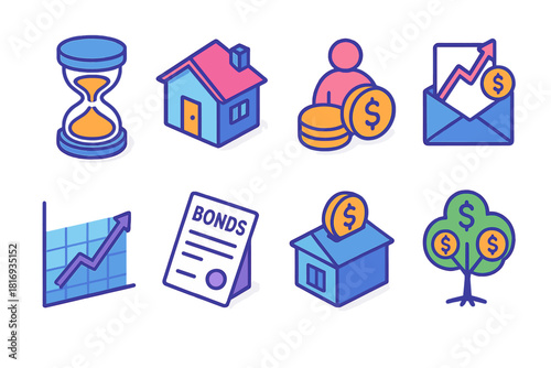 Isometric Investment Icons. Long-Term Investment flat icons set. hourglass, real estate house, retirement plan, dividend icon, stable growth line, bonds paper, savings account