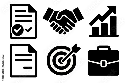 Bold Contract Icons. Deal closing silhouette icon set. contract paper, handshake, bar chart, document, target board, briefcase.