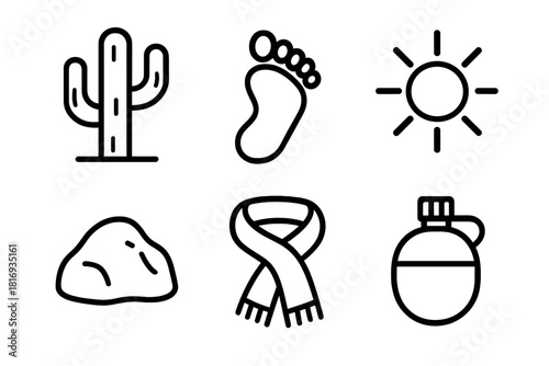 Desert Icon Collection. Desert Trail linear icon set: cactus, footprint, sun, rock, scarf, water canteen