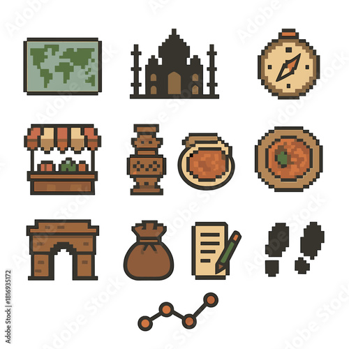 Cultural Pixel Icons. Cultural Exploration Icons pixel style icon set: world map, landmark silhouette, travel journal, curiosity compass, local market icon, traditional artifact