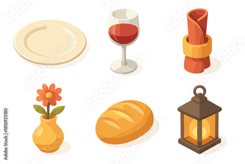 Isometric Dining Icons. Table of Warmth flat icon set : polished plate, wine glass, napkin ring, flower vase, bread roll, glowing lantern