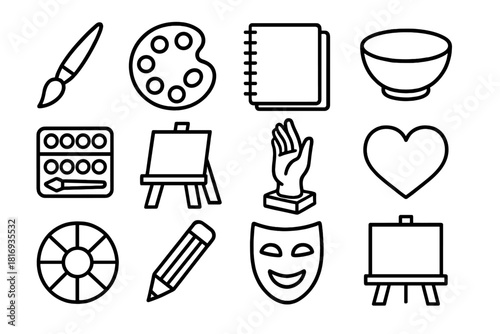 Art Therapy Tools Icons. Art therapy linear icon set. paintbrush, palette, sketchbook, clay bowl, watercolor set, easel, sculpture hand, heart symbol, color wheel, pencil, mask