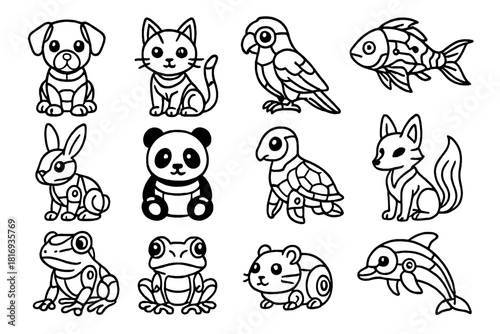 Futuristic Animal Icons. AI Animal Friends linear icon set: chrome puppy, neon kitten, holographic parrot, digital koi fish, steel bunny, robotic panda, cyber turtle, robot