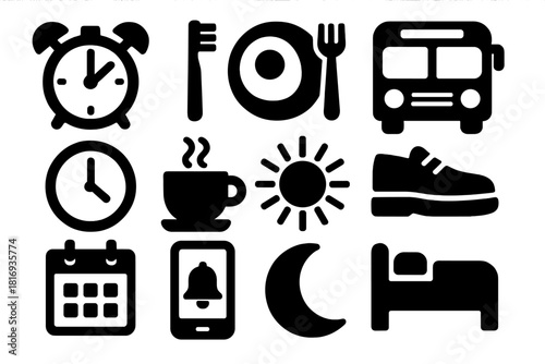 Daily Routine Icons. Daily Routine Punctuality silhouette icon set. alarm clock, toothbrush, breakfast plate, bus, clock hands, coffee cup, sun, shoe, calendar, phone reminder