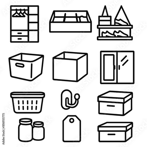 Organized Storage Icons. Home organization linear icon set. closet, drawer divider, shoe rack, hanging shelf, fabric bin, storage cube, coat hook, mirror cabinet, laundry basket