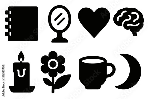 Brutalist Icon Set. Self-Reflection Set silhouette icon set. notebook, mirror, heart, brain, candle, flower, cup, moon.